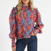 Women Farm Rio Blouses | Lace Garden Light Blue Ruffled Ls Blouse