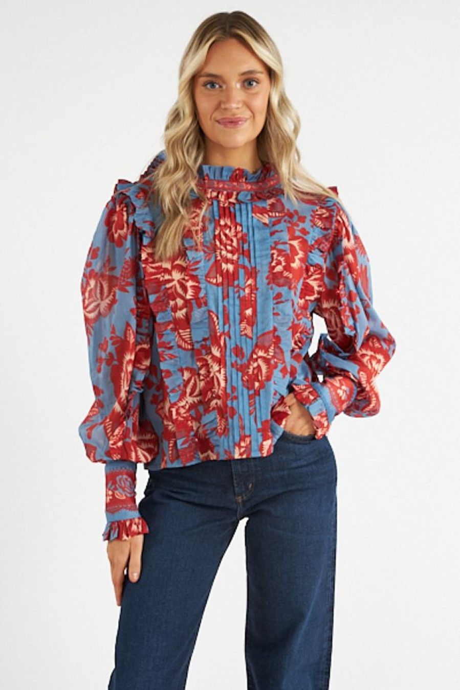 Women Farm Rio Blouses | Lace Garden Light Blue Ruffled Ls Blouse