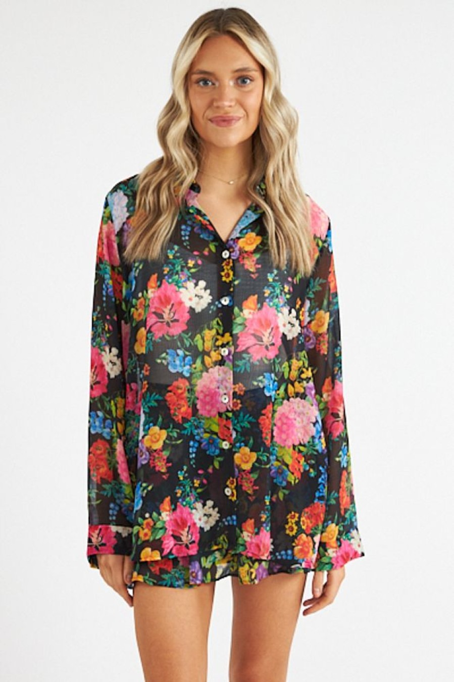 Women Show Me Your MuMu Blouses | Smith Button Down Midnight Botanical