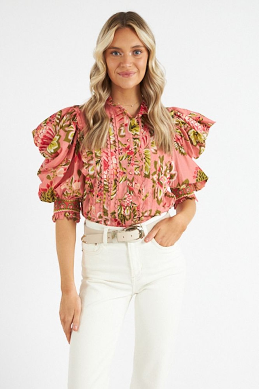 Women Farm Rio Blouses | Aura Floral Soft Pink Ss Blouse