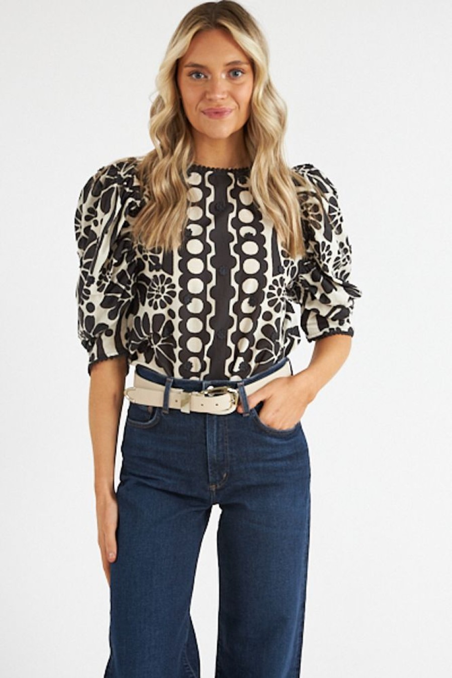 Women Farm Rio Blouses | Palermo Black Puffed Sleeve Blouse