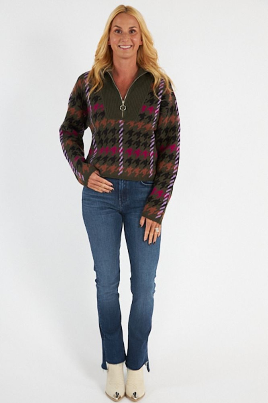 Women Nadaam Sweaters | Luxe Houndstooth Jacquard Zip