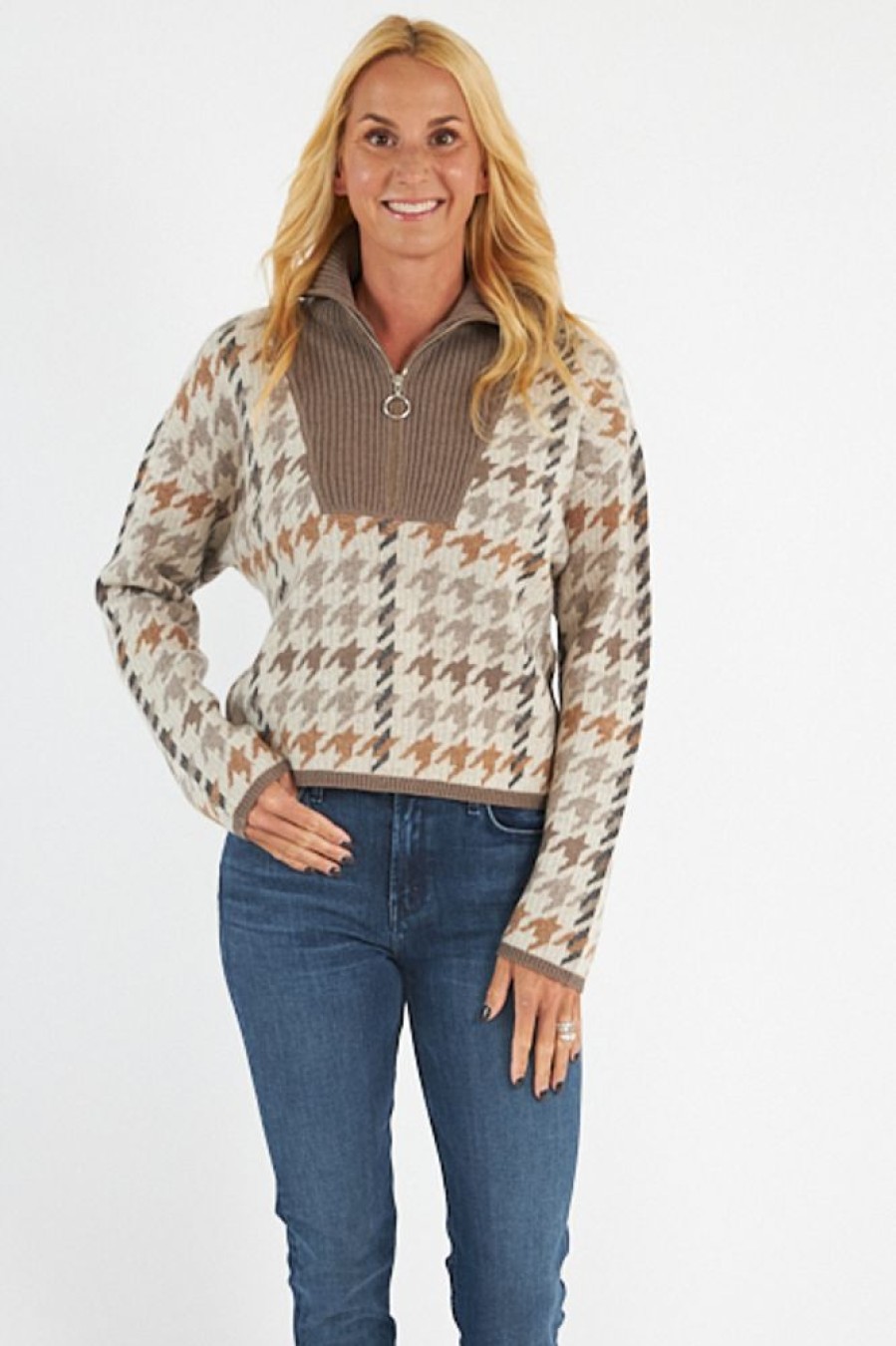 Women Nadaam Sweaters | Luxe Houndstooth Jacquard Zip