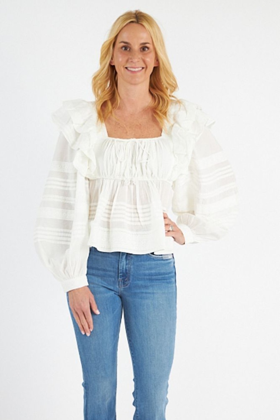 Women Farm Rio Blouses | Off-White Squared Neckline Ls Blouse