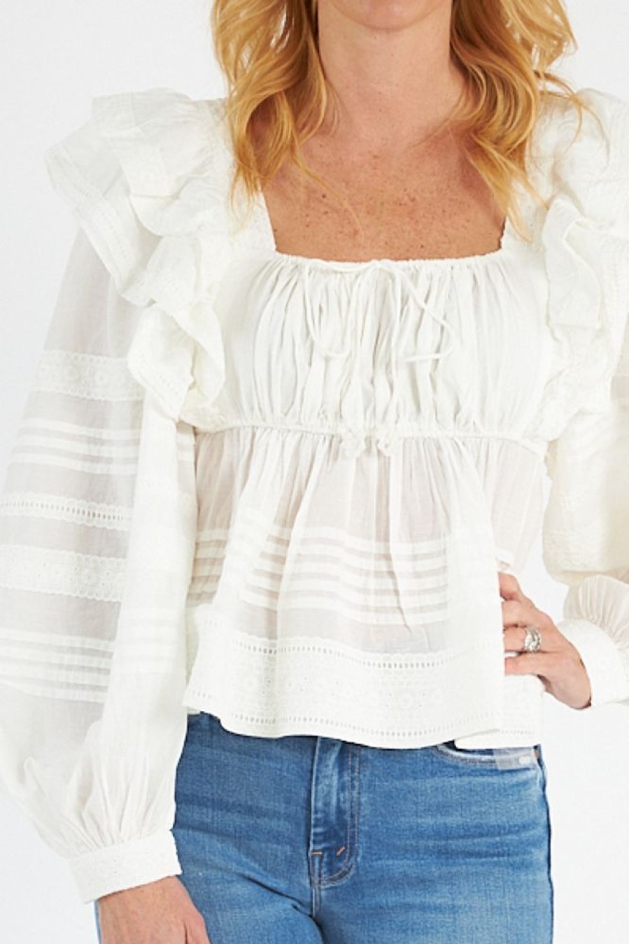 Women Farm Rio Blouses | Off-White Squared Neckline Ls Blouse