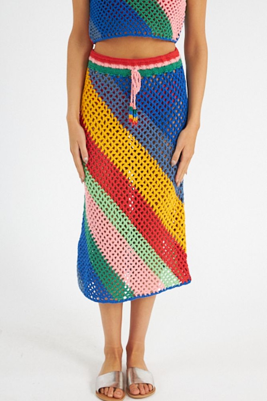 Women Farm Rio | Diagonal Stripes Crochet Midi Skirt