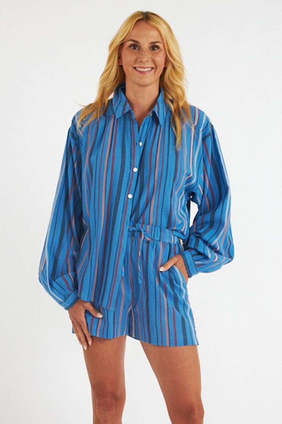 Women Mother Blouses | The Get Down Button Down Blue Multi