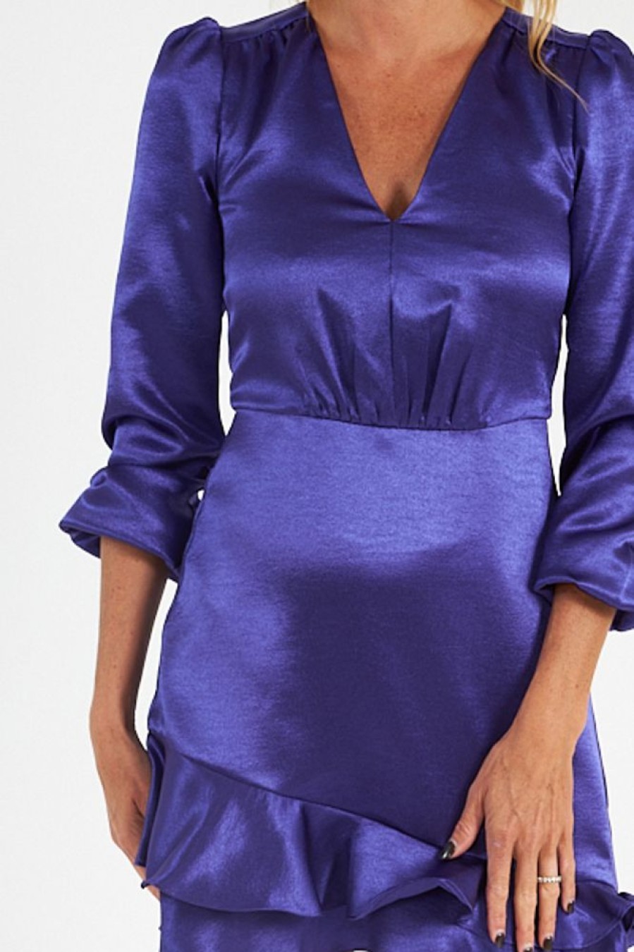 Women French Connection | Denney Satin Long Sleeve V Nk Dress