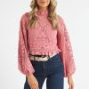 Women Farm Rio Blouses | Blush Pink Guipure Ls Blouse