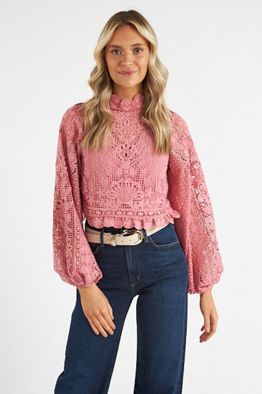 Women Farm Rio Blouses | Blush Pink Guipure Ls Blouse