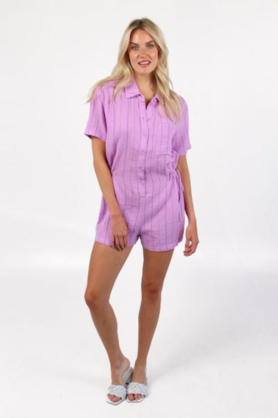 Women Monrow | Pinstripe Gauze Romper Lavendula