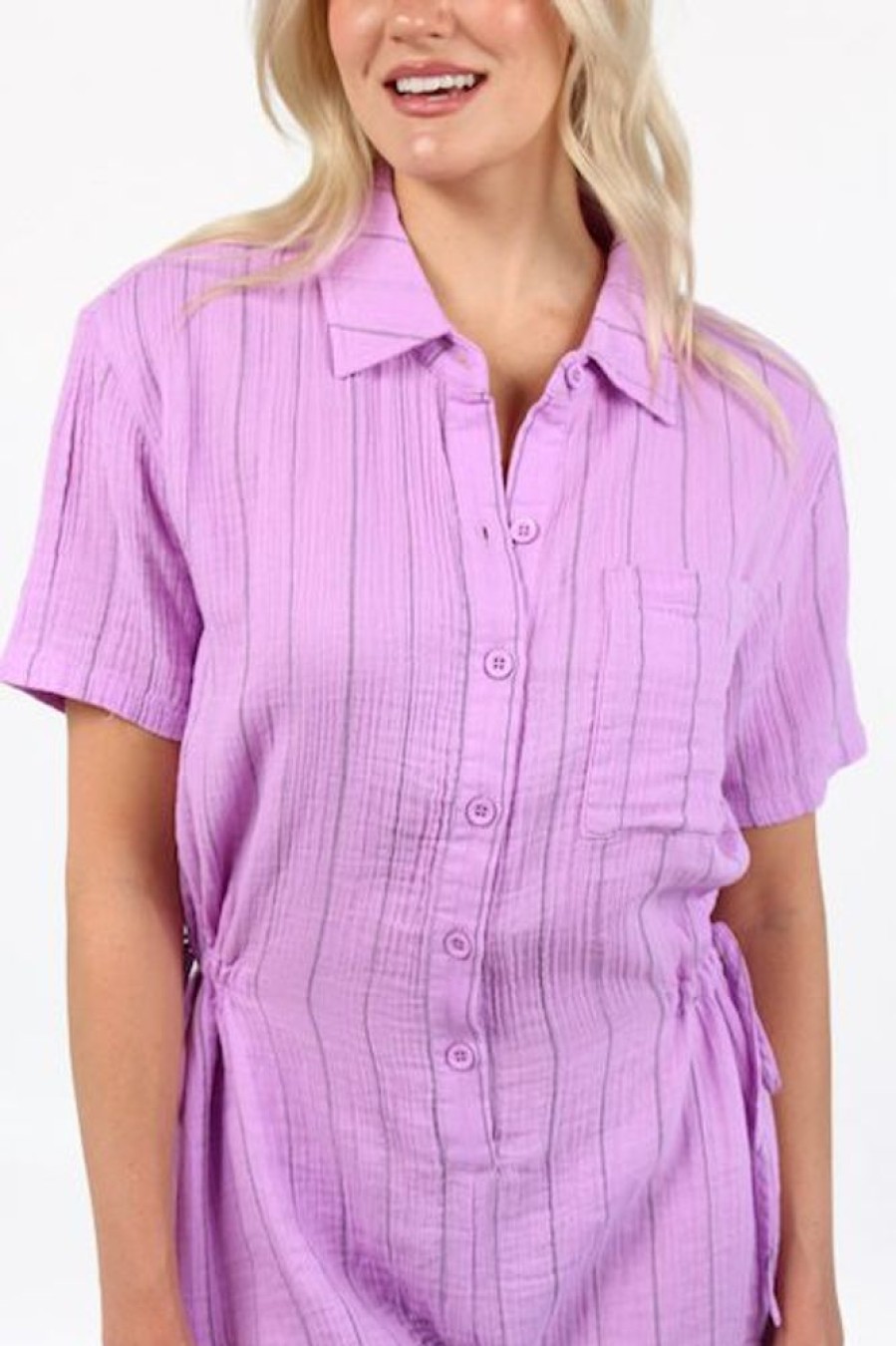 Women Monrow | Pinstripe Gauze Romper Lavendula