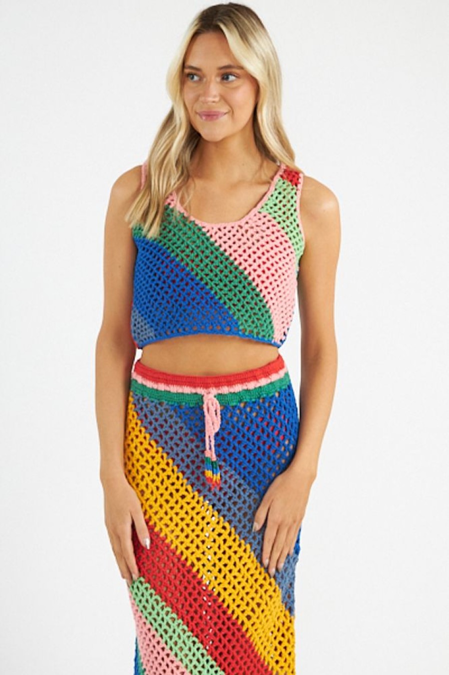 Women Farm Rio | Diagonal Stripes Crochet Crop Top