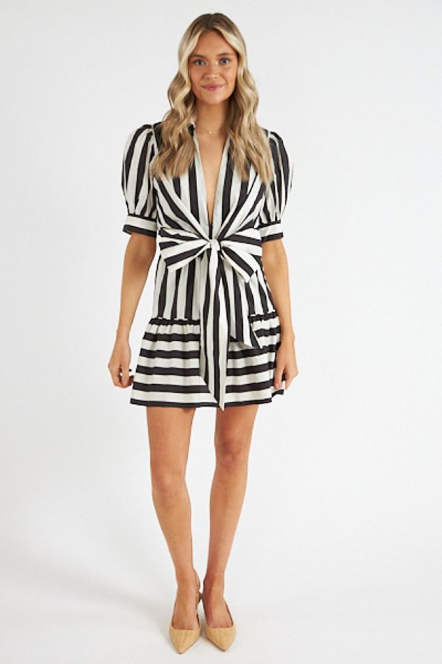 Women Farm Rio | Mixed Stripes Black Ss Mini Dress